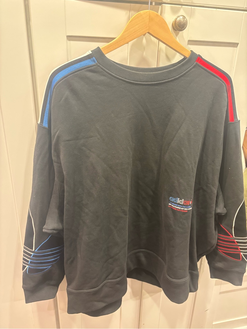 adidas Black Crewneck Sweatshirt with Red & Blue Accents